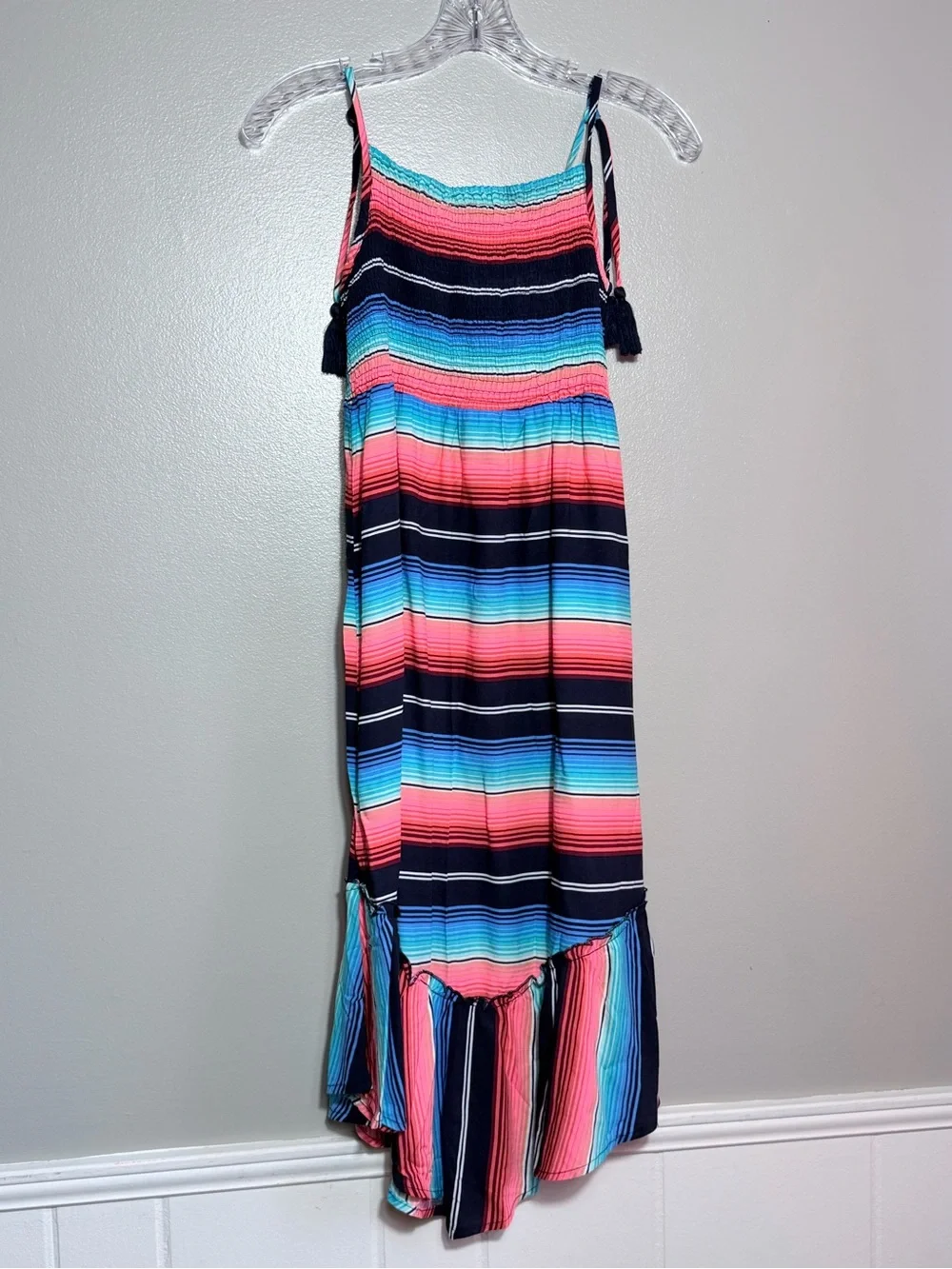 Justice Girls Maxi Dress 10 Striped Smocked Bodice Tassel Straps Summer Beach